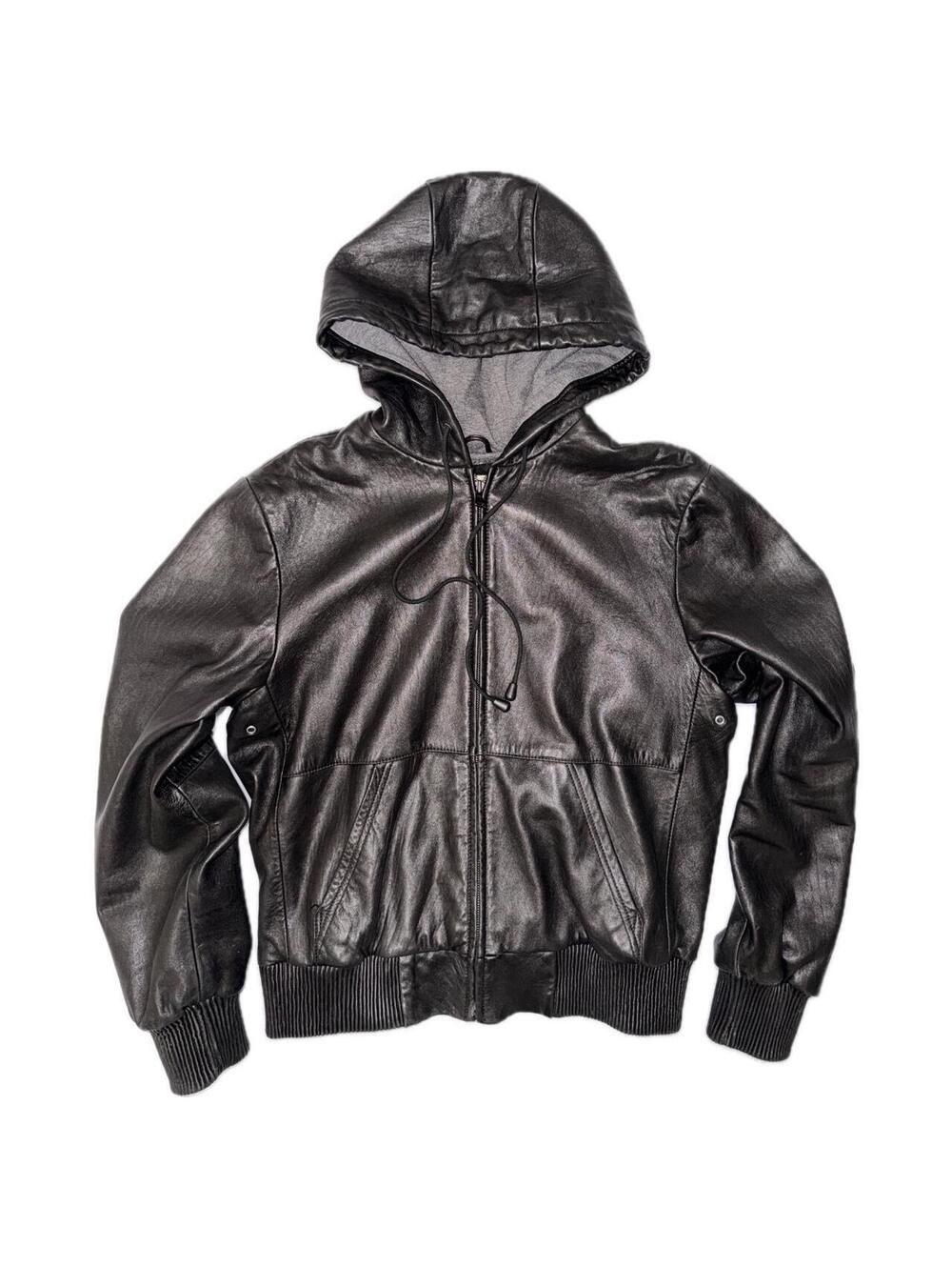 Black leather jacket with hood